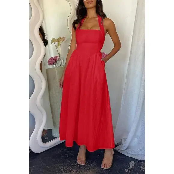 Supreme Fashion Maxi Dress Womens XL White Halter Sleeveless Summer Chic NWT - Picture 6 of 9